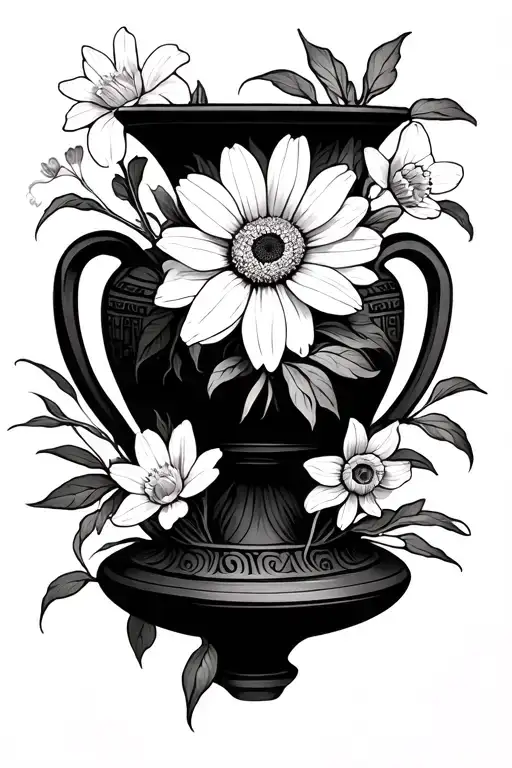 Greek Vase With An Aster Flower And A Narcis Flower Inside