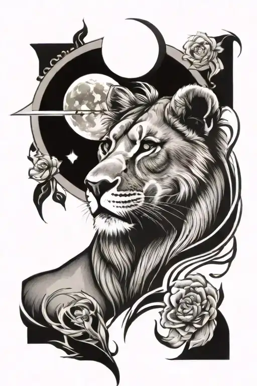 Lioness Surrounded With A Moon And Sun