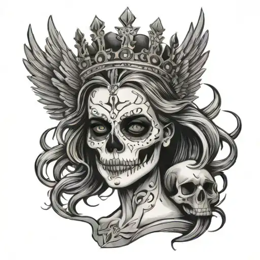Girl Skull Wearing Crown Surrounded By Wings Spread Wide