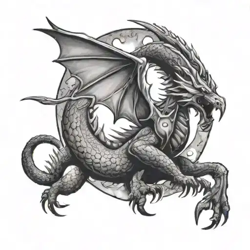 Viking Inspired Dragon Emerging Between The Moon