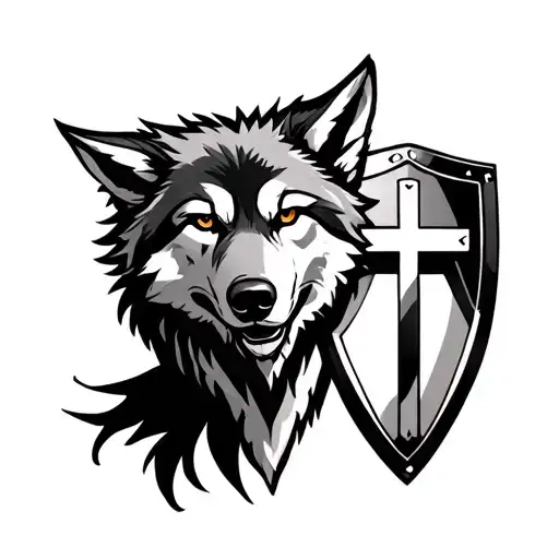 Wolf Tatto With Shield And Christian Cross