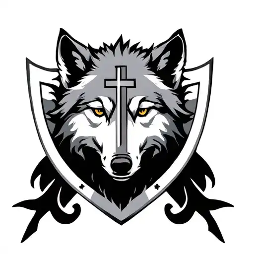 Wolf Tatto With Shield And Christian Cross