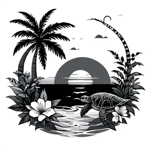 Beach Sunset With Palm Trees And Flowers And A Sea Turtle
