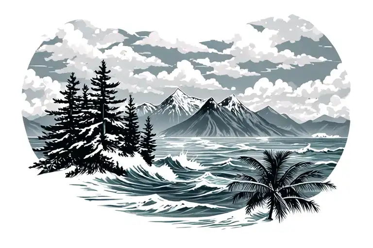 Ocean And Mountains With Snow With Clouds And Pine Trees And Palm Trees