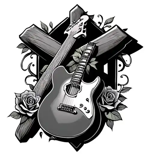 Guitar Leaning Against A Cross With A Rose Intertwined