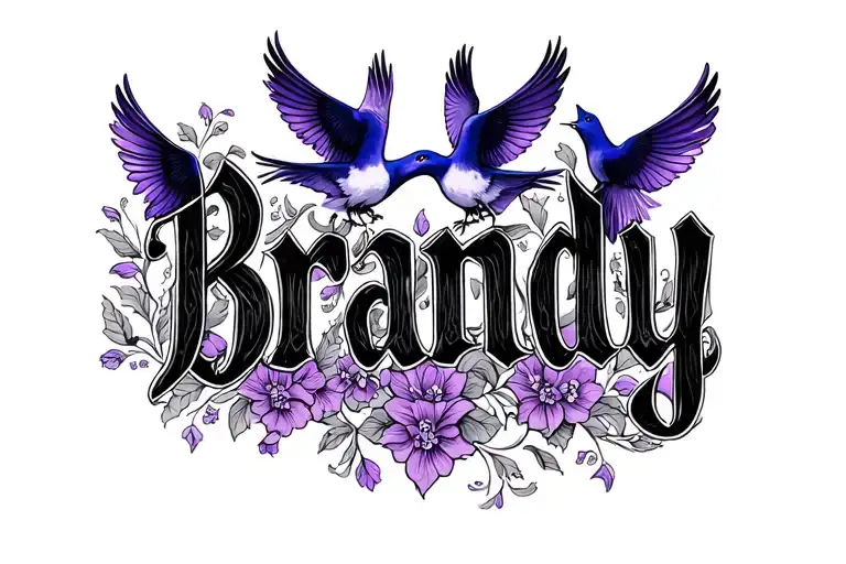 The Word Brandy In A Fancy Font With Purple Doves