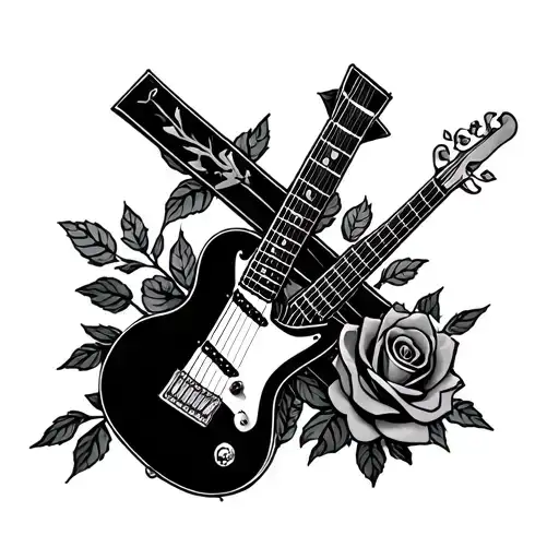 A Cross With A Guitar Leaning Against It With A Rose