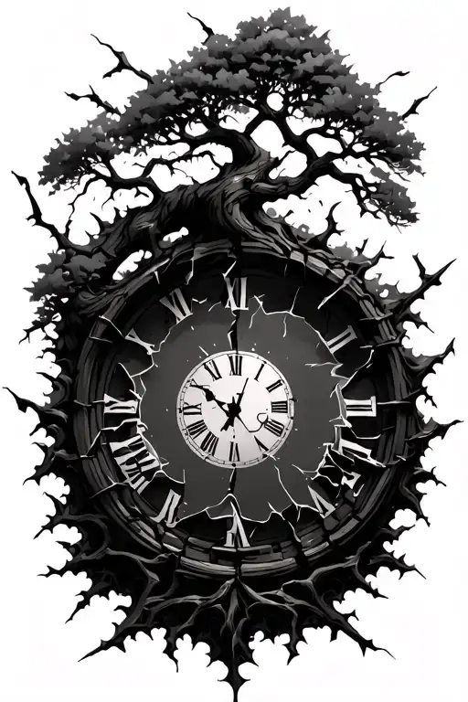 Shattered Clock In The Center Of A Tree Of Life As The Shattered Pieces Break Off Into Branches