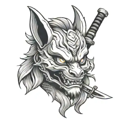 Oni Mask Kitsune Mask With Katana Sword