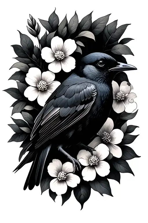 Blackbird On Coffee Branch With Flowers