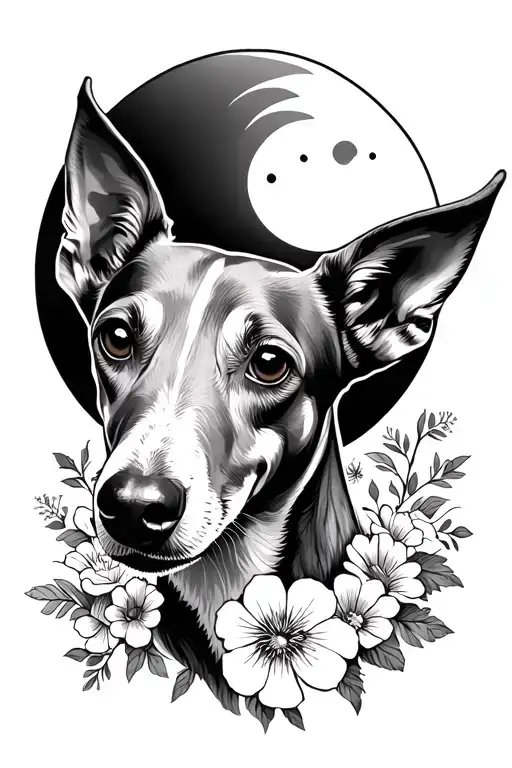 A Greyhounds Head With A Moon In The Background Surrounded By Flowers