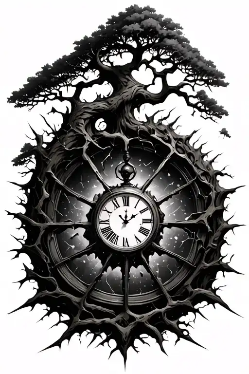 Shattered Clock In The Center Of A Tree Of Life As The Shattered Pieces Break Off Into Branches