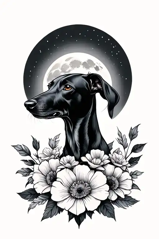 Floral Tattoo Surrounding A Black Greyhounds Head With A Full Moon In The Background