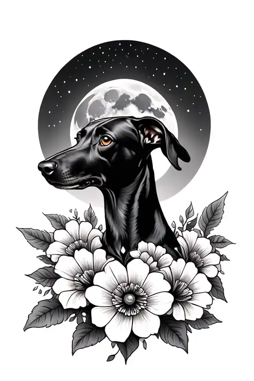 Floral Tattoo Surrounding A Black Greyhounds Head With A Full Moon In The Background