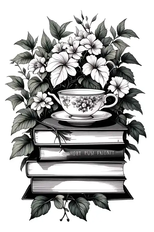 Stack Of Books With China Teacup On Top Surrounded By Pothos Vines And Flowers