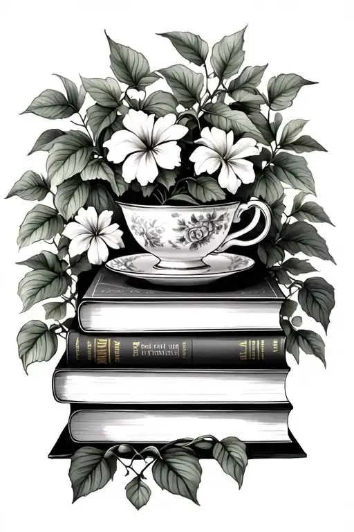 Stack Of Books With China Teacup On Top Surrounded By Pothos Vines And Flowers