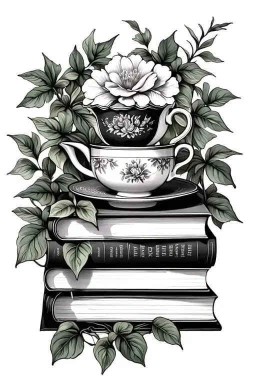 Stack Of Books With China Teacup On Top Surrounded By Pothos Vines With Big Leaves And Flowers