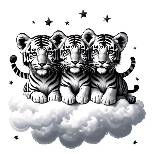3 Baby Tiger Cubs On A Cloud With Stars