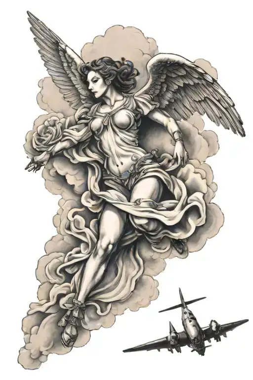 Navy Angel Ascending From Heaven With B17 Bombers Flying Around Tattoo Sleeve On Upper Arm