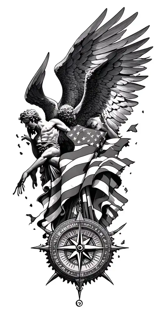 Fallen Angel And Gods With Nautical Compass And Pieces Of Torn American Flag