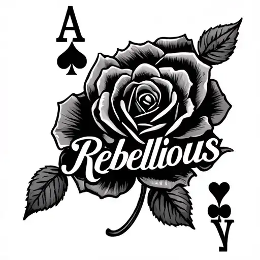 Roses The Word Rebellious In Cursive Writing With Ace Of Spades Playing Card Tattoo On Hand