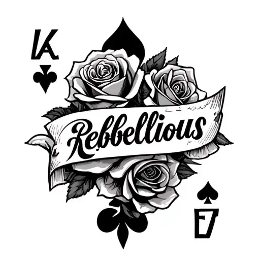 Roses The Word Rebellious In Cursive Writing With Ace Of Spades Playing Card Tattoo On Hand