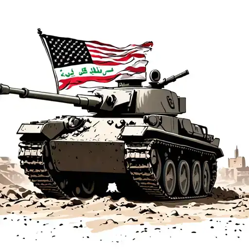 Iraq War With Tank And American Flag Waving