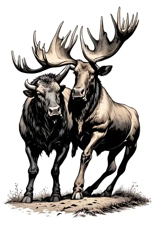 Bull Moose Fighting Each Other