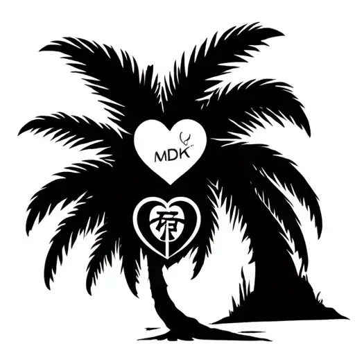 Palm Tree With A Heart In The Trunk Followed By The Initals Mdk And A Symbol For Jujitsu In It