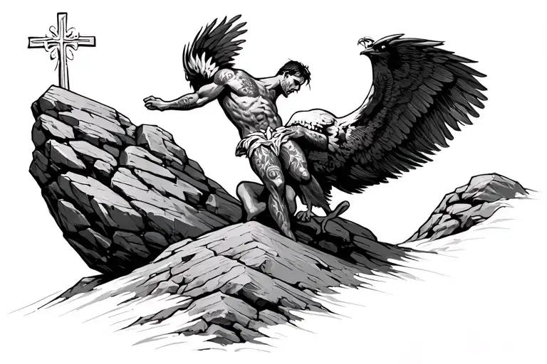 Sysaphis Pushing The Rock Up A Hill But He Is Tattooed With A Cross And A Phoenix