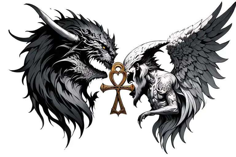 Demon And Angel Facing Each Other With An Ankh In The Middle