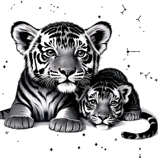 3 Baby Tiger Cubs With Night Sky Filled With Constellations