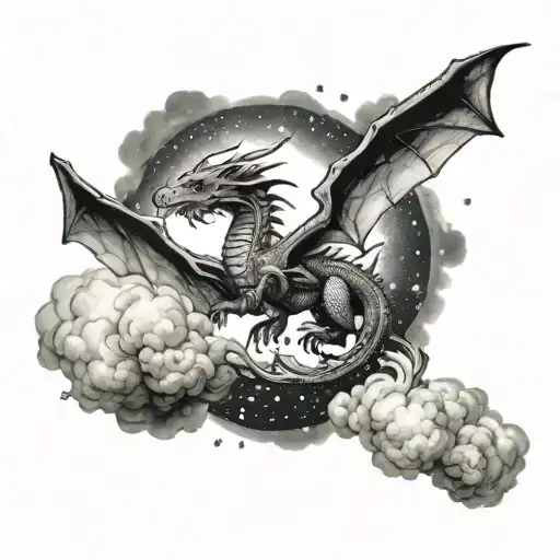 A Realistic Black And Grey Tattoo Of A Dragon Flying Through A Starry Sky Filled With Clouds