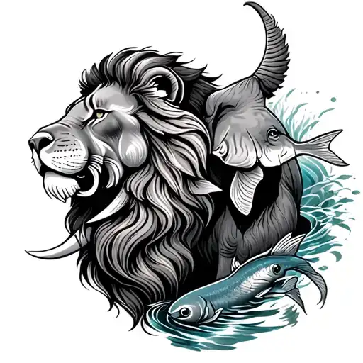 Lion Head And Elephant With Fish Swimming