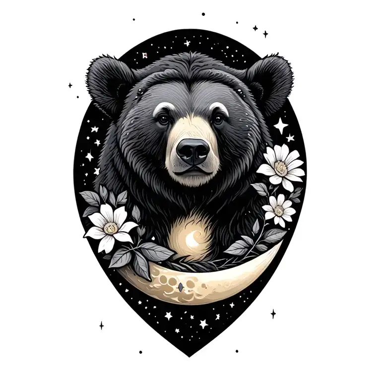 Bear Flowers Stars Moon Surrounded