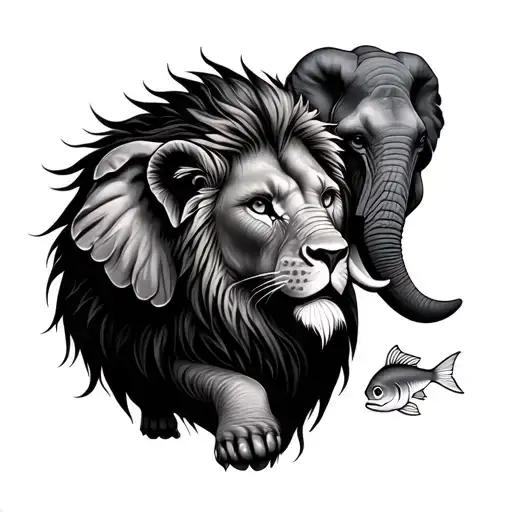 Lion And Elephant With Fish