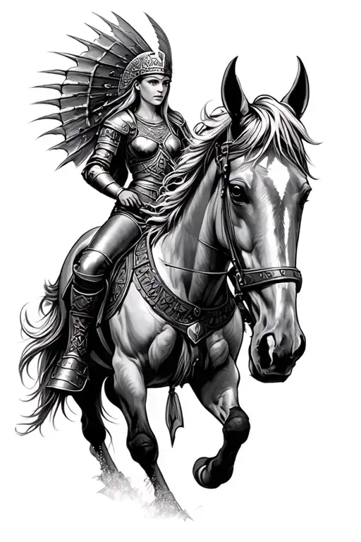Viking Inspired Tattoo Featuring Valkyrie Riding Horse Armor