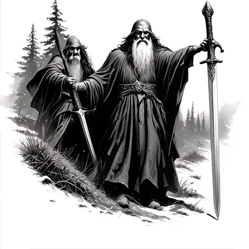 Gandalf With Staff And Aragorn With Sword Searching The Wilderness
