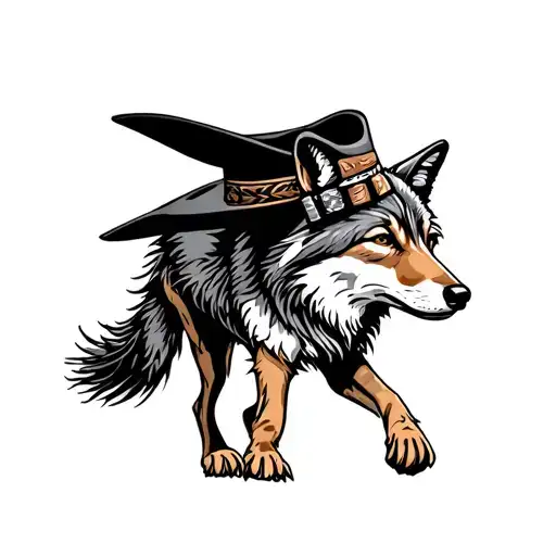 American Traditional Coyote Walking Wearing Hat