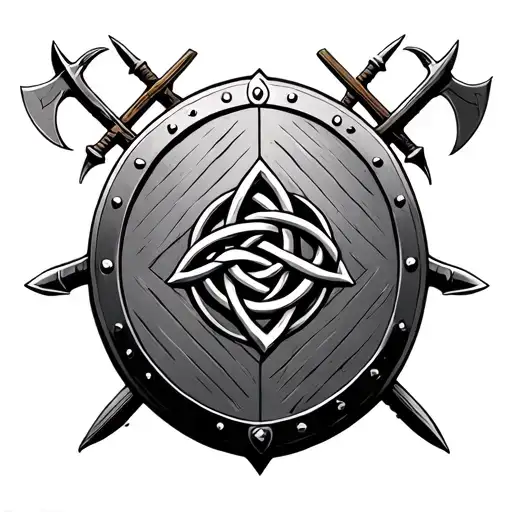 Dara Knot In The Center Of A Viking Shield With Axes And Swords Behind It