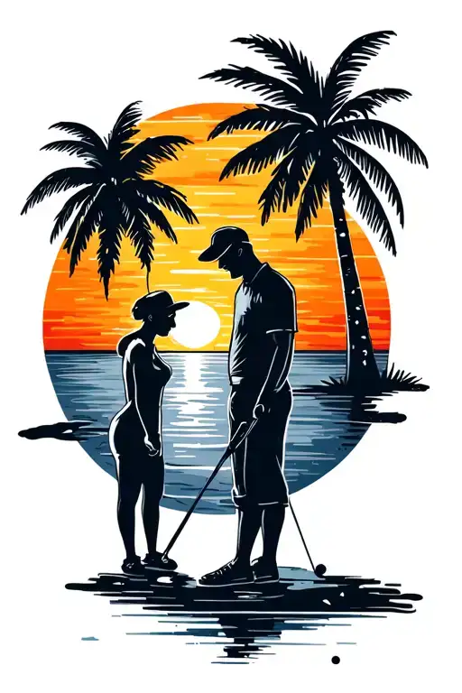 Golfing With Friend With Palm Trees Colors Sunset