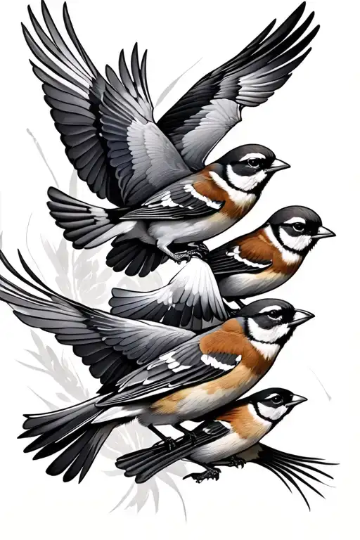 Five Sparrows Flying Around Each Other