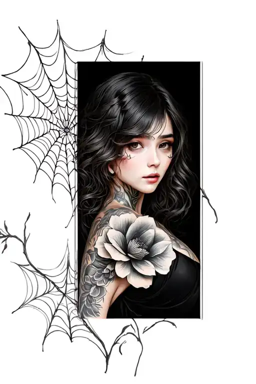 Tattoo On The Shoulder Of A Web With Flowers And