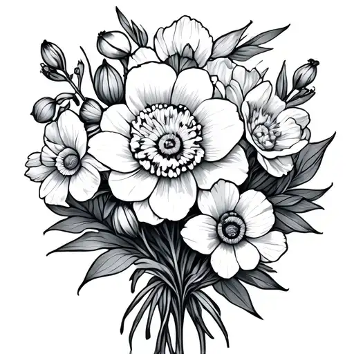 Carnations And Daffodils Bouquet Fine Line