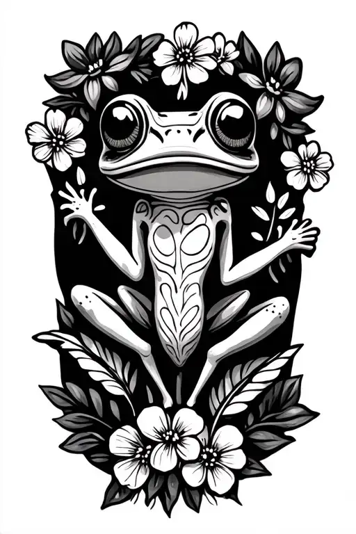 Taino Coqui Frog Stick Figure With Surrounding Delicate Flowers