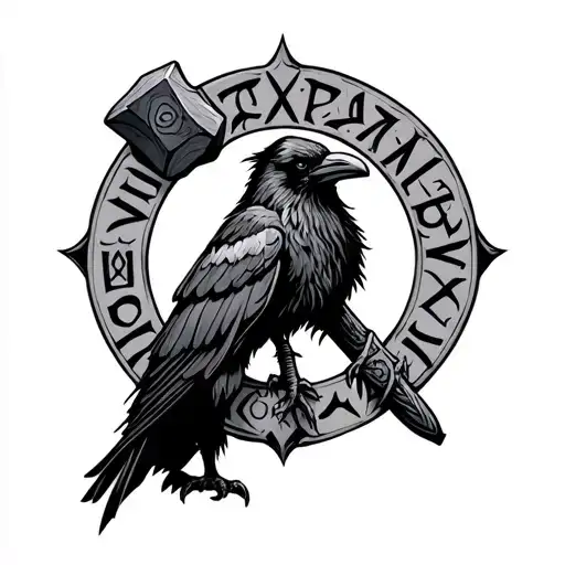 Odin Name In Runes Around A Crow And Thors Hammer