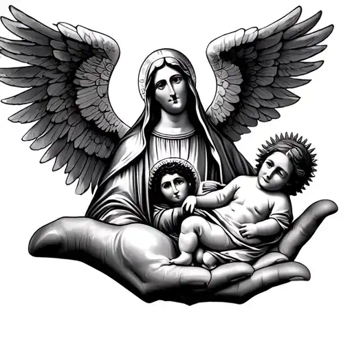 Catholic Tattoo Michael The Archangel And Virgen De Guadalupe With Eye On Hand And Baby Jesus
