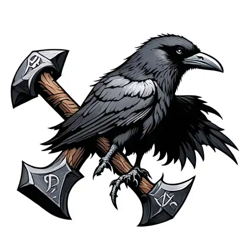 Odin Name In Runes Around A Crow And Thors Hammer