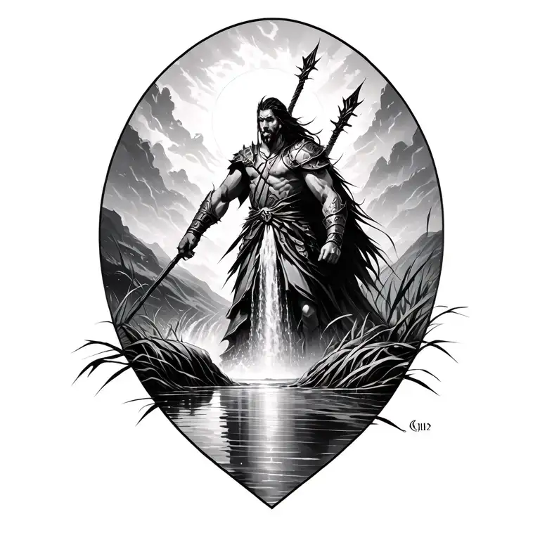 Warrior And Waterfall Surrounded By Marsh And Shining Light