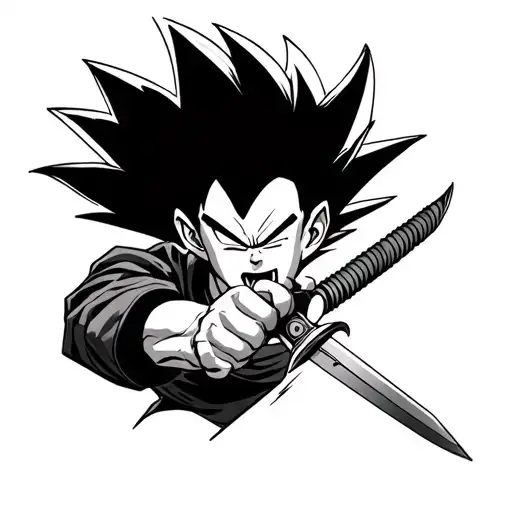 Vegeta Biting A Dagger And Holding A Katana Sword